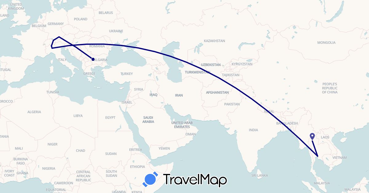 TravelMap itinerary: driving in Austria, Bulgaria, Switzerland, Germany, Italy, Thailand (Asia, Europe)